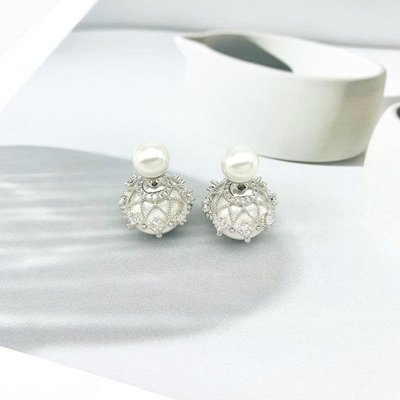 Surrounded Forest Store Double Sided Ball Earrings for Women Front and Back Pearl Stud Earrings 2 in 1 Stud Earrings - Image 4